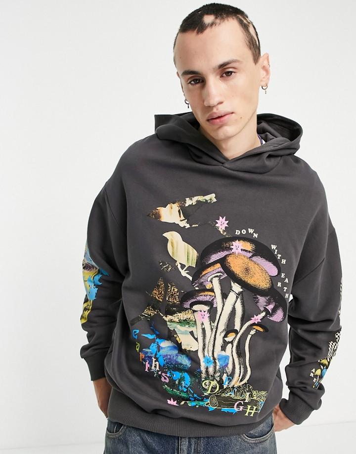 Asos Design Oversized Hoodie In Dark Gray With Outdoors Prints-grey