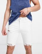 Asos Design Spray On Denim Shorts In White With Heavy Rips And Raw Hem