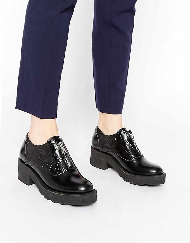 Park Lane Zip Front Leather Flat Shoes - Black
