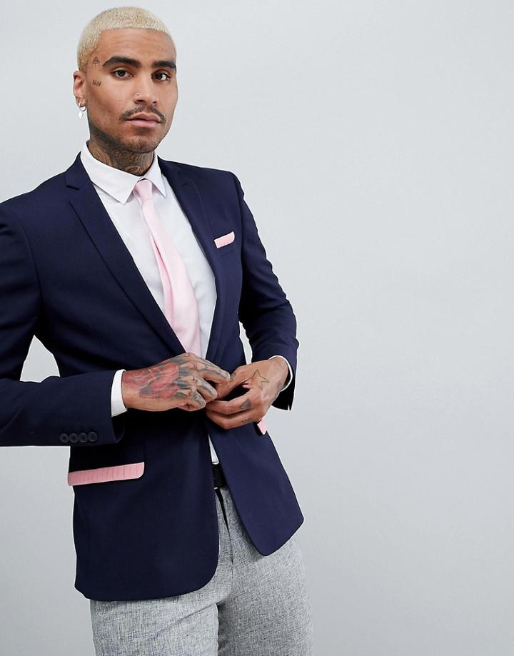 Asos Design Super Skinny Blazer In Navy With Pink Frills - Navy