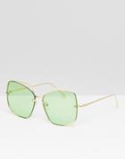Asos Design Oversized Metal Square Sunglasses With Cut Away Detail & Diamonte - Green