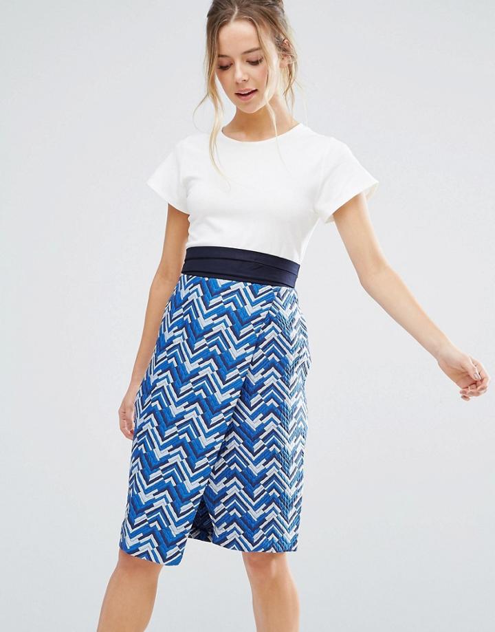 Closet London Belted Printed Pencil Dress - Blue