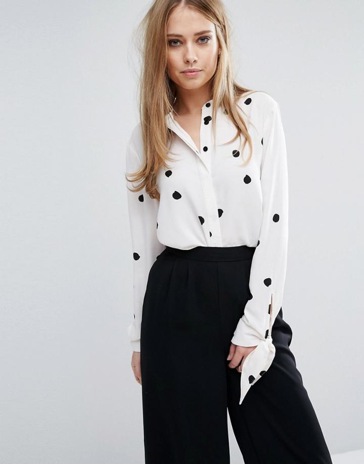 Warehouse Polka Dot Tie Sleeve Blouse - Cream