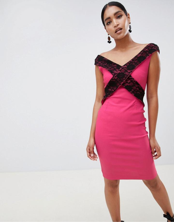 Vesper Cross Front Lace Pencil Dress-pink