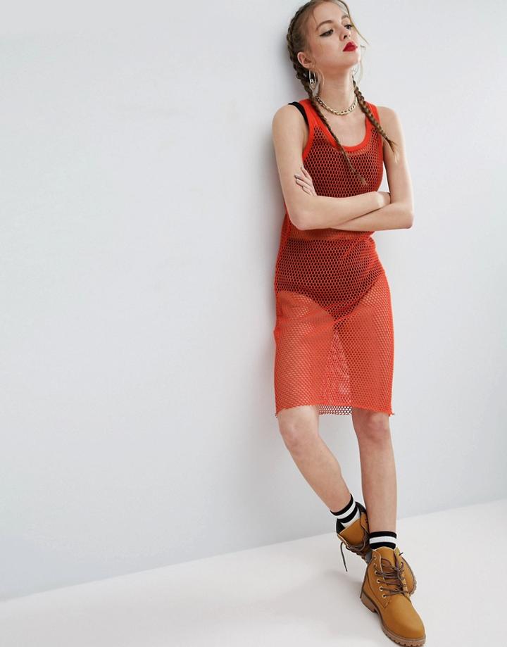 Asos Column Tank Dress In Fishnet - Red