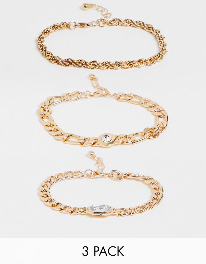 Asos Design Pack Of 3 Chain Bracelet With Crystal In Gold Tone