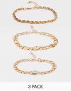 Asos Design Pack Of 3 Chain Bracelet With Crystal In Gold Tone