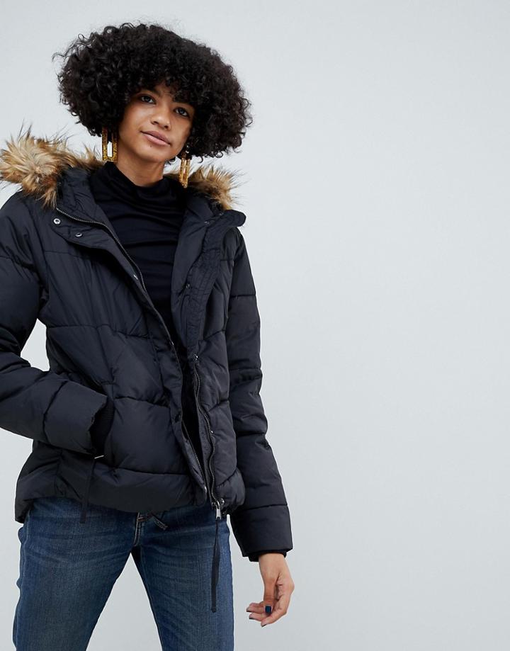 B.young Faux Fur Trim Longline Padded Coat - Black