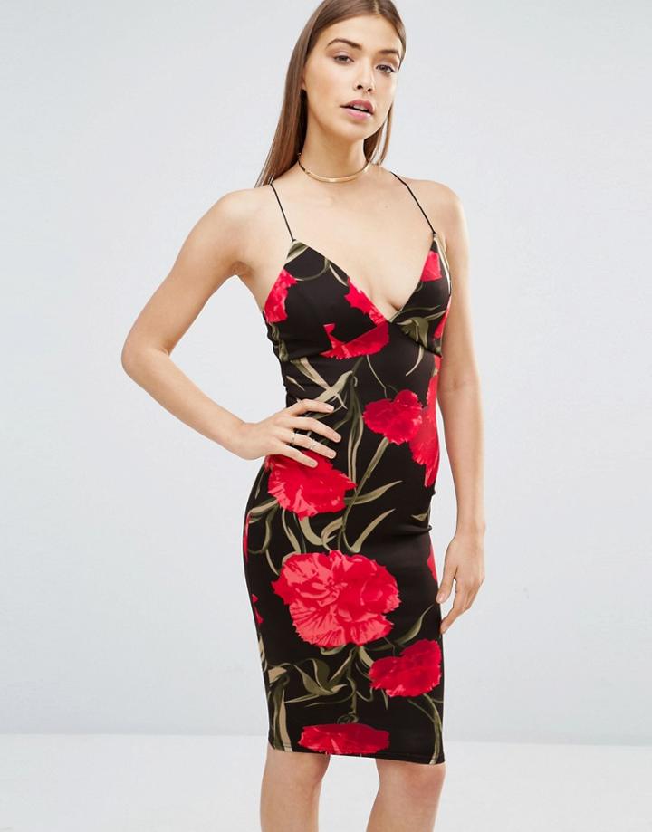 Ax Paris Rose Printed Plunge Front Midi Dress - Black