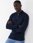 Asos Design Muscle Fit Smart Long Sleeve Polo In Navy With Zip Collar-blue