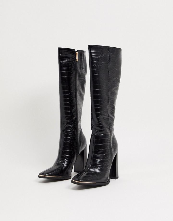 Simmi London Melisa Knee Boots In With Metal Plating In Black Croc