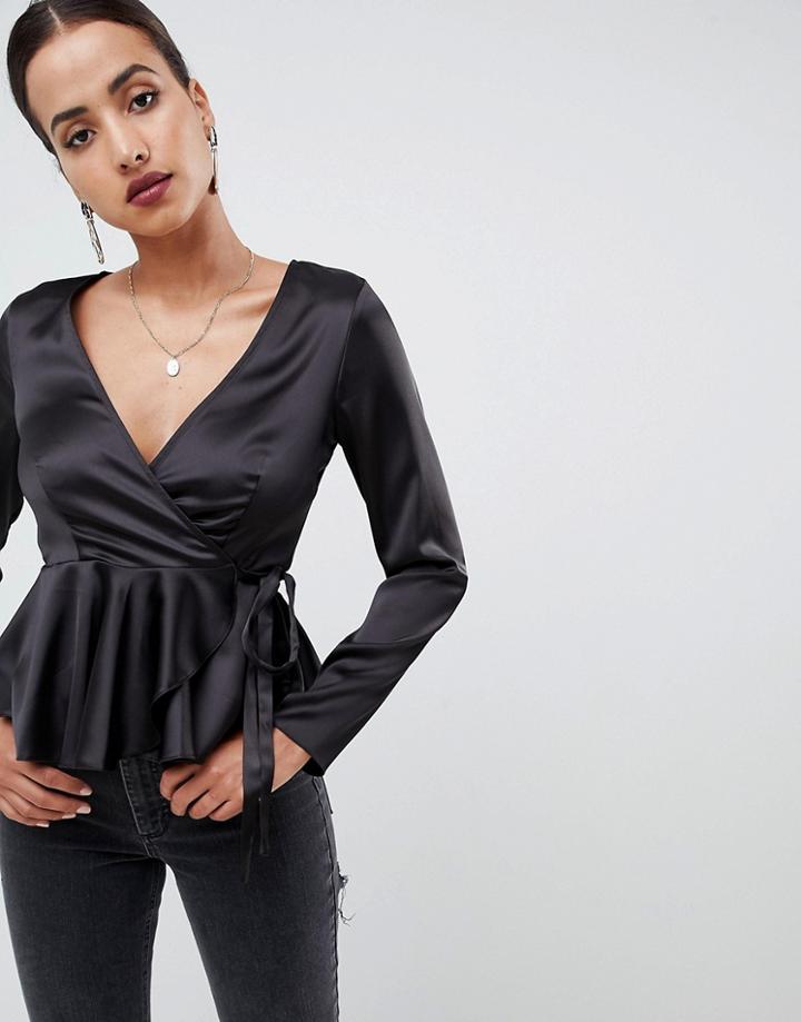 Asos Design Wrap Top In Satin With Pephem - Black