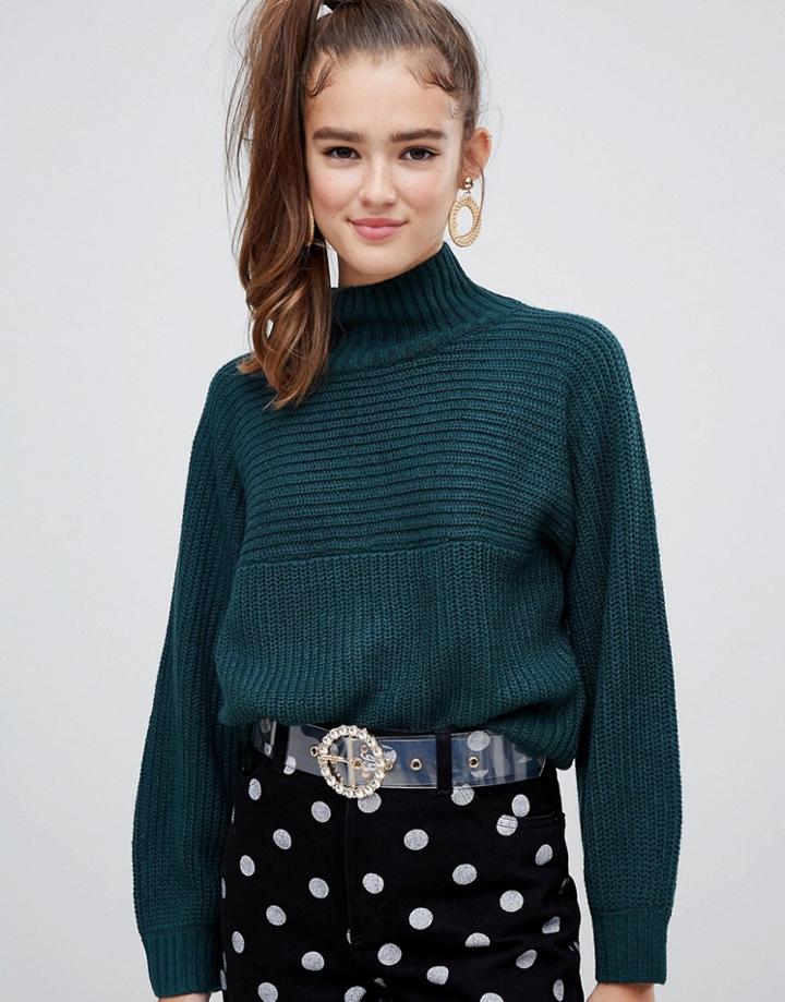 Monki High Neck Ribbed Oversized Sweater In Dark Green - Green