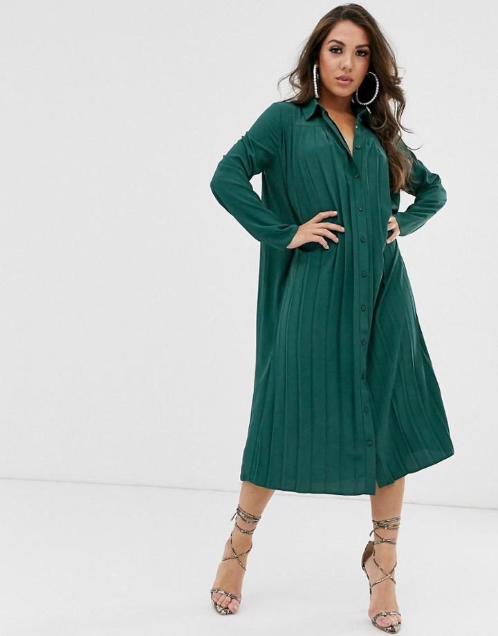 Asos Design Pleated Midi Shirt Dress-green