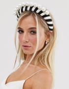 Asos Design Padded Headband With Statement Pearl In Monochrome Stripe - Multi