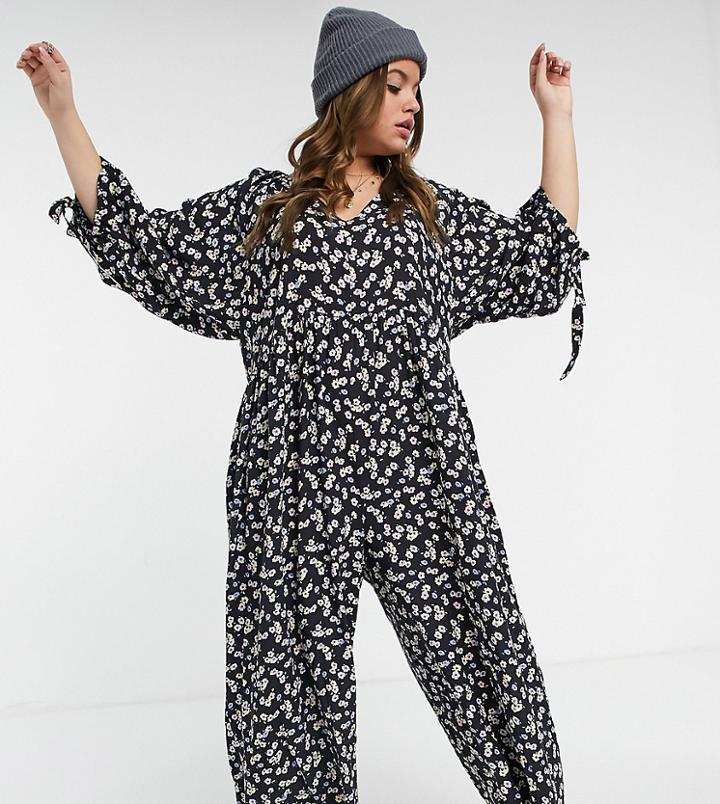Asos Design Curve Smock Jumpsuit In Floral Print-multi