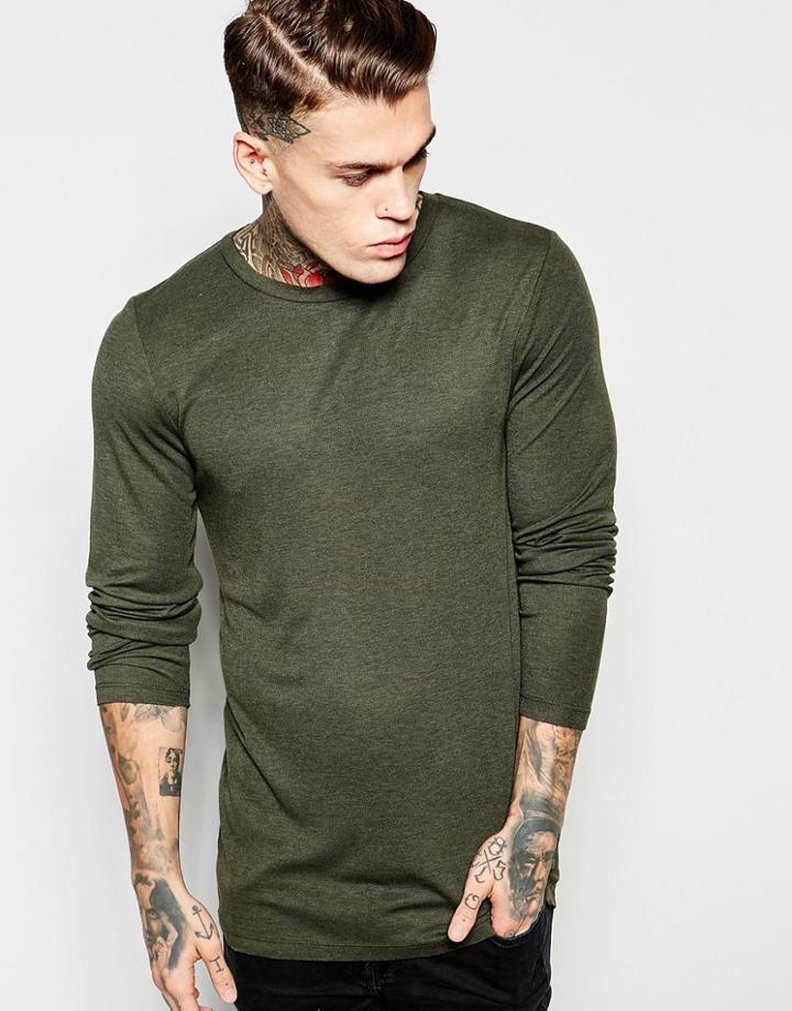 Asos Longline Muscle Long Sleeve T-shirt With Raw Edge - Green