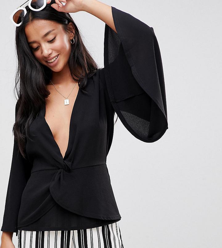 Boohoo Petite Knot Front Plunge Top - Black