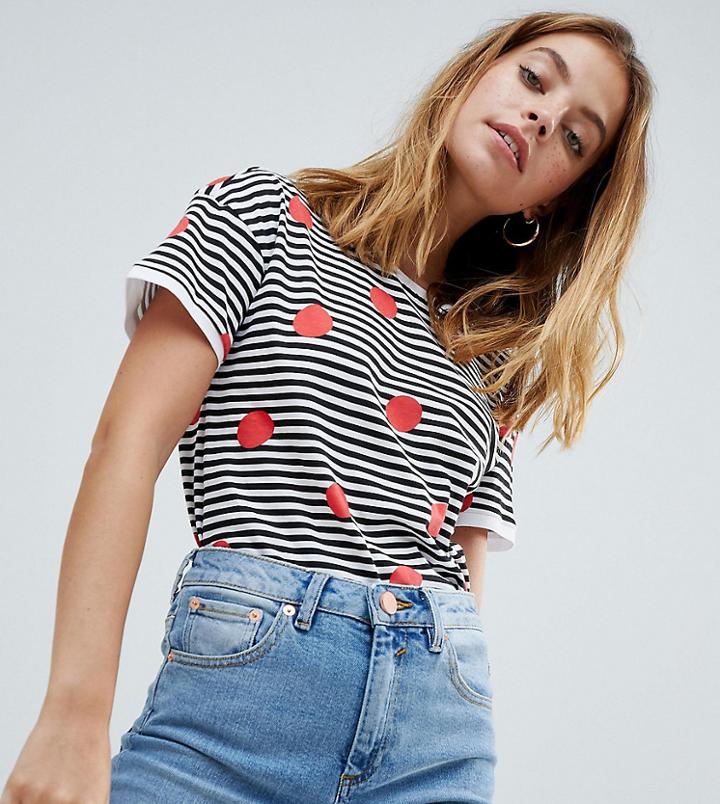 Noisy May Petite Stripe And Polka Dot T-shirt - White