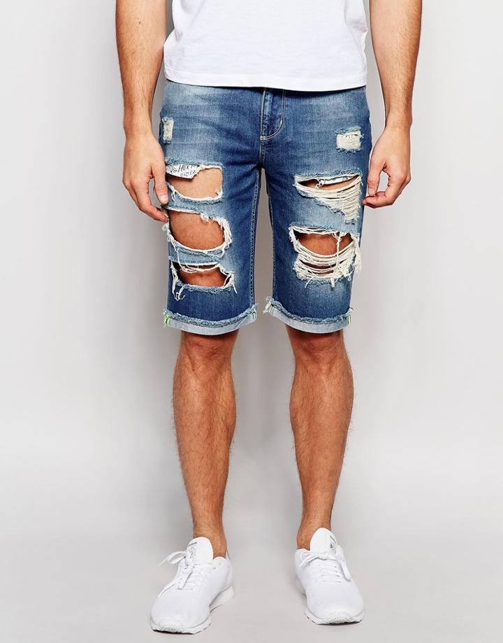Hoxton Denim Distressed Denim Short Slim Distressed Short - Blue