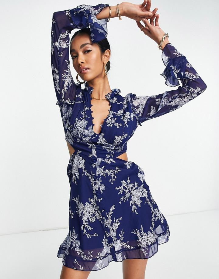 Asos Design Ruffle Detail Mini Dress With Button Detail In Navy Floral-multi
