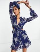 Asos Design Ruffle Detail Mini Dress With Button Detail In Navy Floral-multi