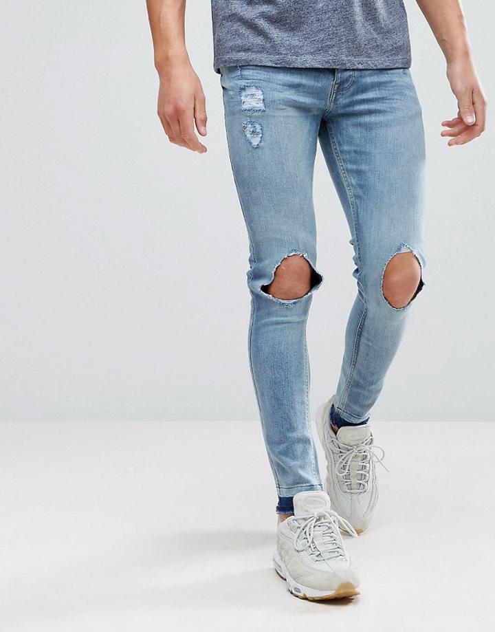 Brave Soul Mid Wash Frayed Hem Ripped Denim Jeans - Blue
