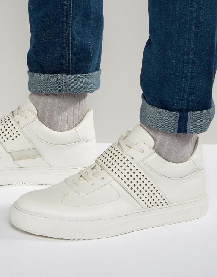 Asos Mid Top Sneakers In White With Perforated Strap - Navy