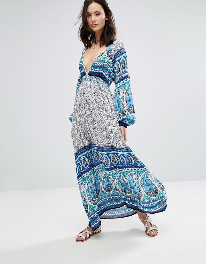 Raga Love Spell Printed Plunge Maxi Dress - Blue