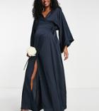 Tfnc Maternity Bridesmaid Kimono Sleeve Satin Wrap Maxi Dress In Navy