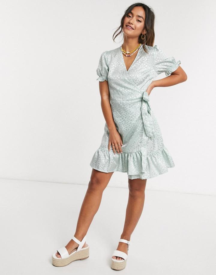 Qed London Wrap Front Satin Jacquard Mini Dress In Mint-green