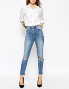 Asos Farleigh High Waist Slim Mom Jeans In Mid Wash Blue With Busted Knees - Blue