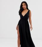 Asos Design Petite Tie Back Cross Front Split Maxi Beach Dress In Black - Black