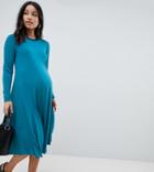 Asos Design Maternity Exclusive Midi Swing Dress With Long Sleeves In Slinky Crepe - Green