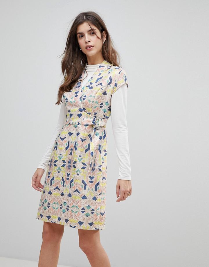 Liquorish Cap Sleeve Geoprint Dress With D-ring And Attached Belt-multi