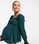 New Look Maternity Shirred Square Neck Top In Dark Green