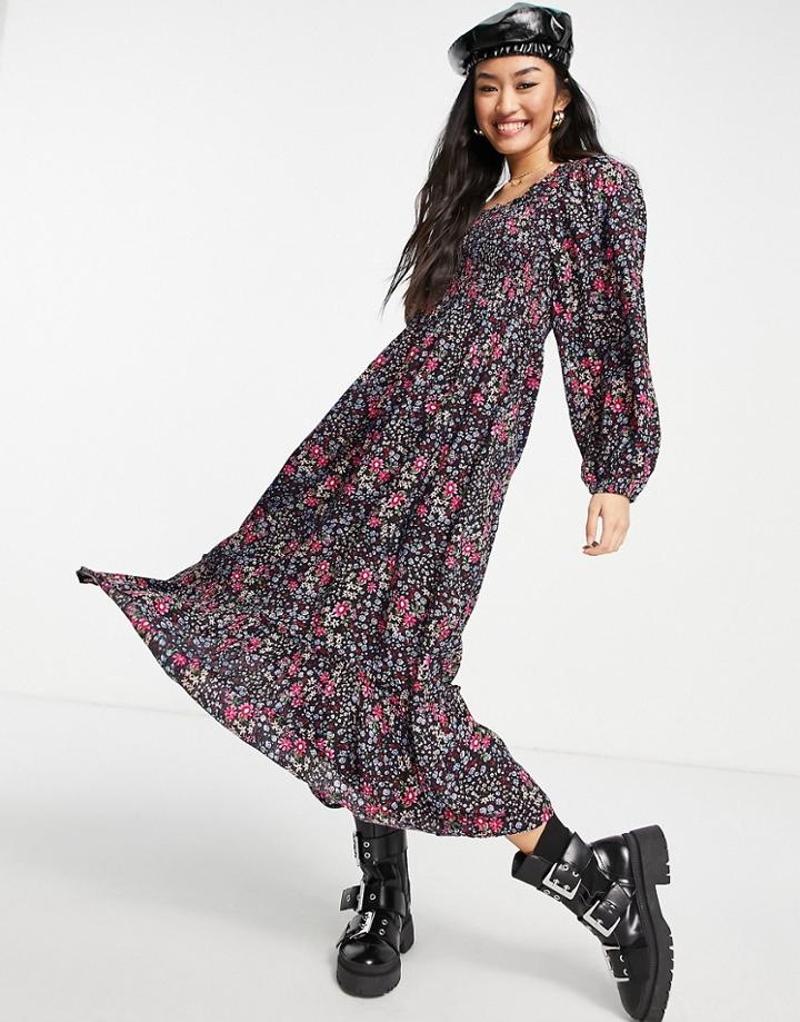 New Look Square Neck Shirred Floral Midi Dress In Black Floral
