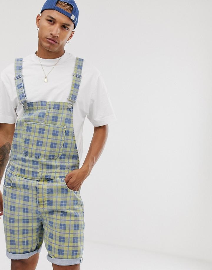 Asos Design Denim Overalls In Blue Yellow Check