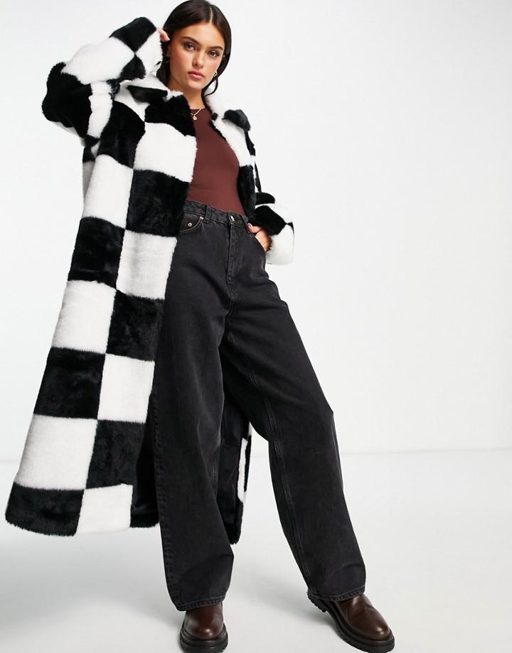Asos Design Oversized Faux Fur Coat In Black And White-multi