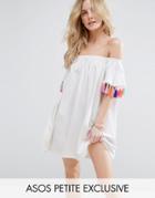 Asos Petite Off Shoulder Sundress With Tassel Detail - White