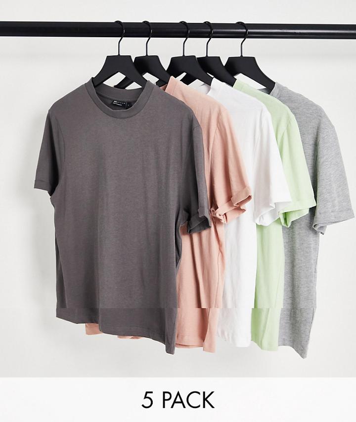 Asos Design 5 Pack T-shirt With Roll Sleeve In Multi