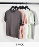 Asos Design 5 Pack T-shirt With Roll Sleeve In Multi