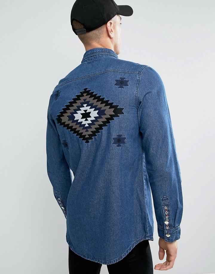Liquor & Poker Denim Shirt Embroidered Taping - Blue