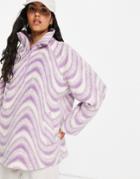 Asos Design Half Zip Fleece With Wavy Print In Purple
