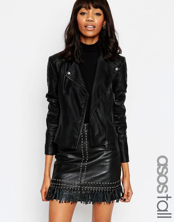 Asos Tall Ultimate Biker Jacket With Piped Detail - Black