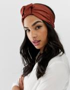 Asos Design Headband In Satin With Stitched Knot Detail In Rust - Multi