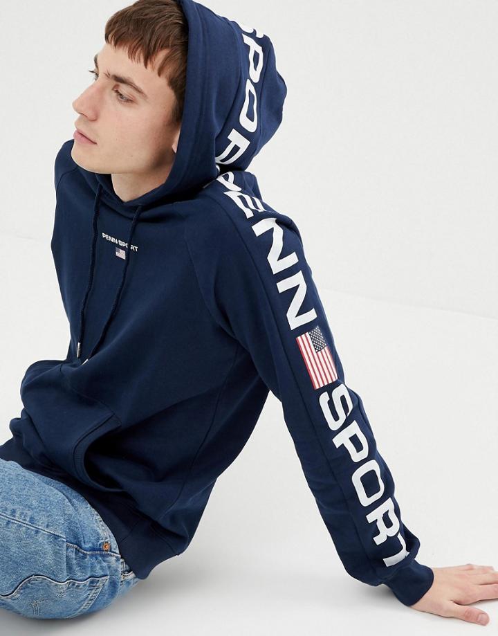 Penn Sport Hoodie In Navy With Logo Side Stripe - Navy