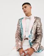 Asos Edition Skinny Blazer In Pink And Blue Sequins - Pink