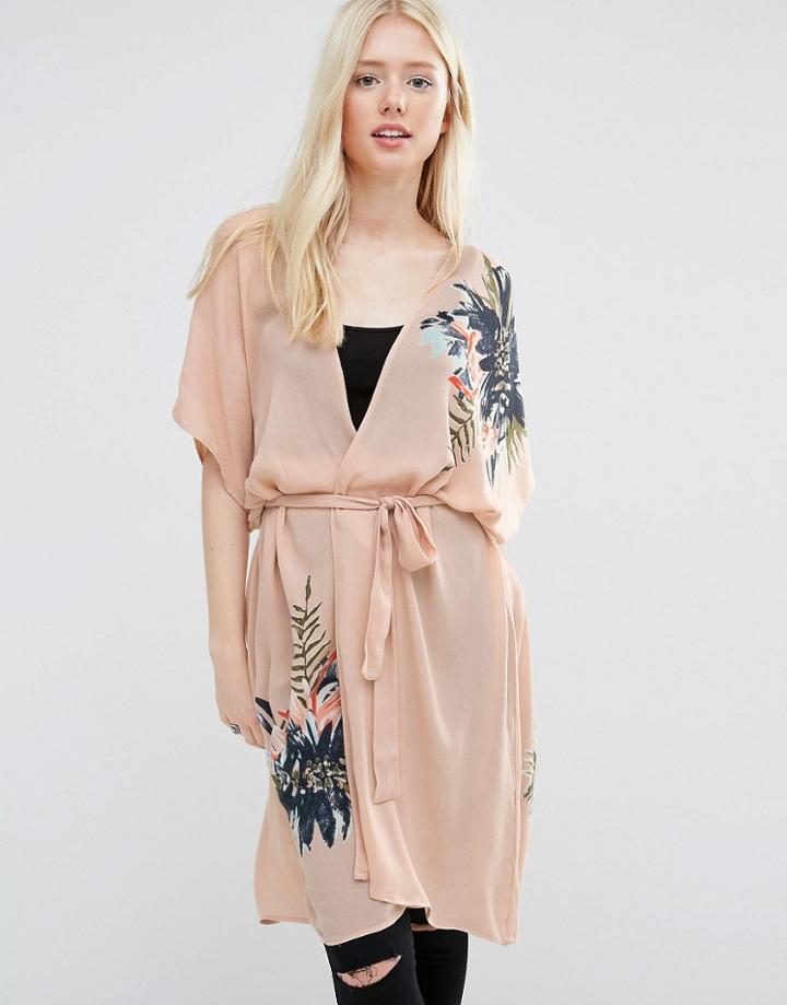 Vila Hibiscus Print Long Tie Kimono - Tan