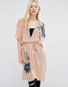 Vila Hibiscus Print Long Tie Kimono - Tan